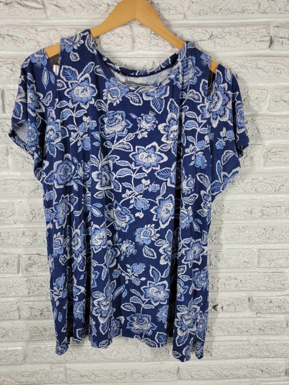 Woman Within Womens Tee 1X Blue White Floral Cotton Cold Shoulder FLO40E